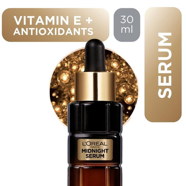 L'Oréal Paris Midnight Serum Vitamin E + Antioxidants 30 ml bottle with black dropper and gold label, shown with glowing golden spheres, formulated for anti-aging skin renewal and hydration with antioxidants and vitamin E.