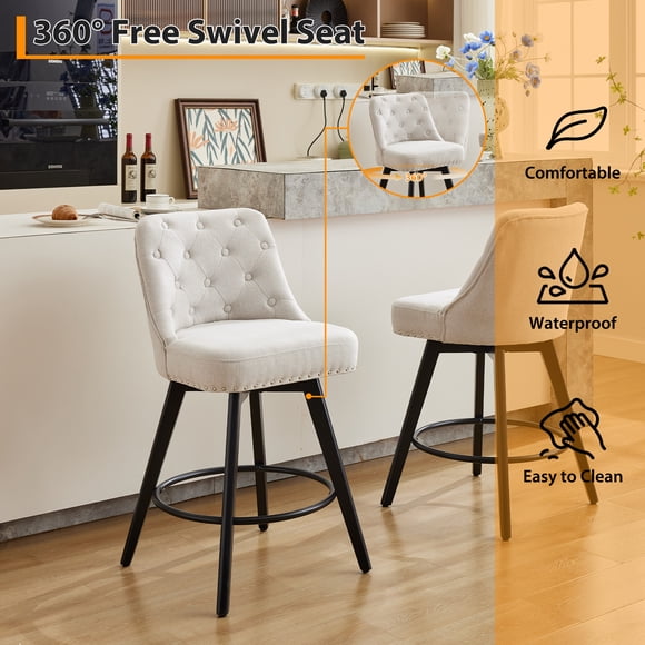 Ensemble de 2 Tabourets de Bar Pivotants, Tabouret de Bar Beige Moderne, Tabouret de Comptoir avec Dossier Capitonné à Boutons, Repose-Pieds, Ensemble de Chaises de Bar Rembourrées en Lin pour Cuisine, Îlot, Salle à Manger