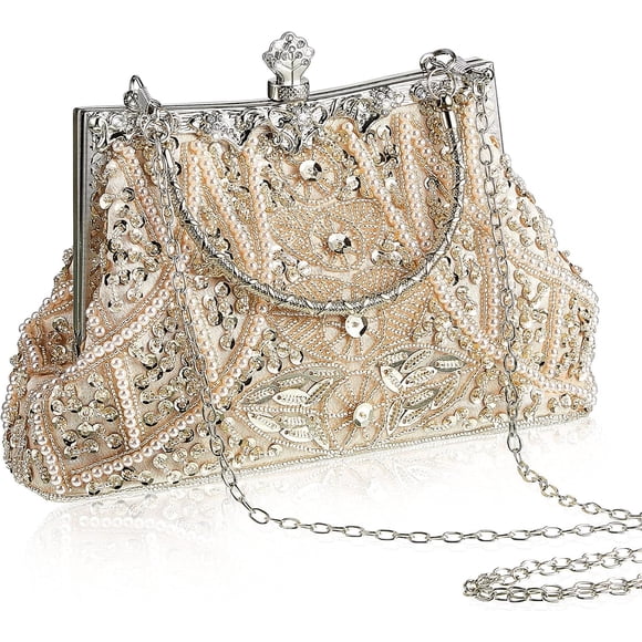 1920s Vintage Beaded Clutch Evening Bag, Pearl and Rhinestone Purse for Women Bride Wedding Guest, Graduation Prom Party Clutch-champagne-