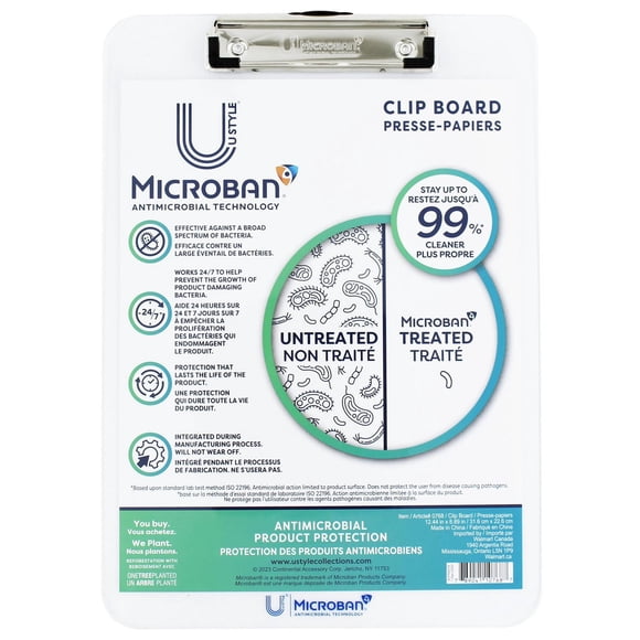 Planchette à pince en acrylique antimicrobien U Style avec Microban ®, 31,59 cm x 22,58 cm, pince à profil bas, transparent