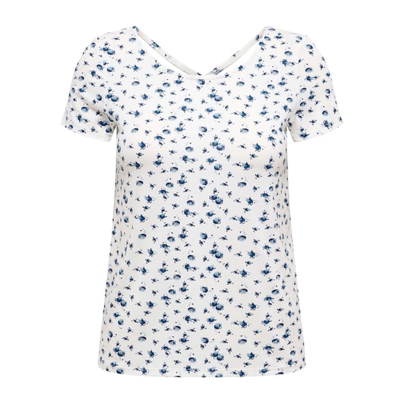 ONLY Women T-shirt - ONLBERA BACK LACE UP TO, round neck, viscose White/Blue S (Small)