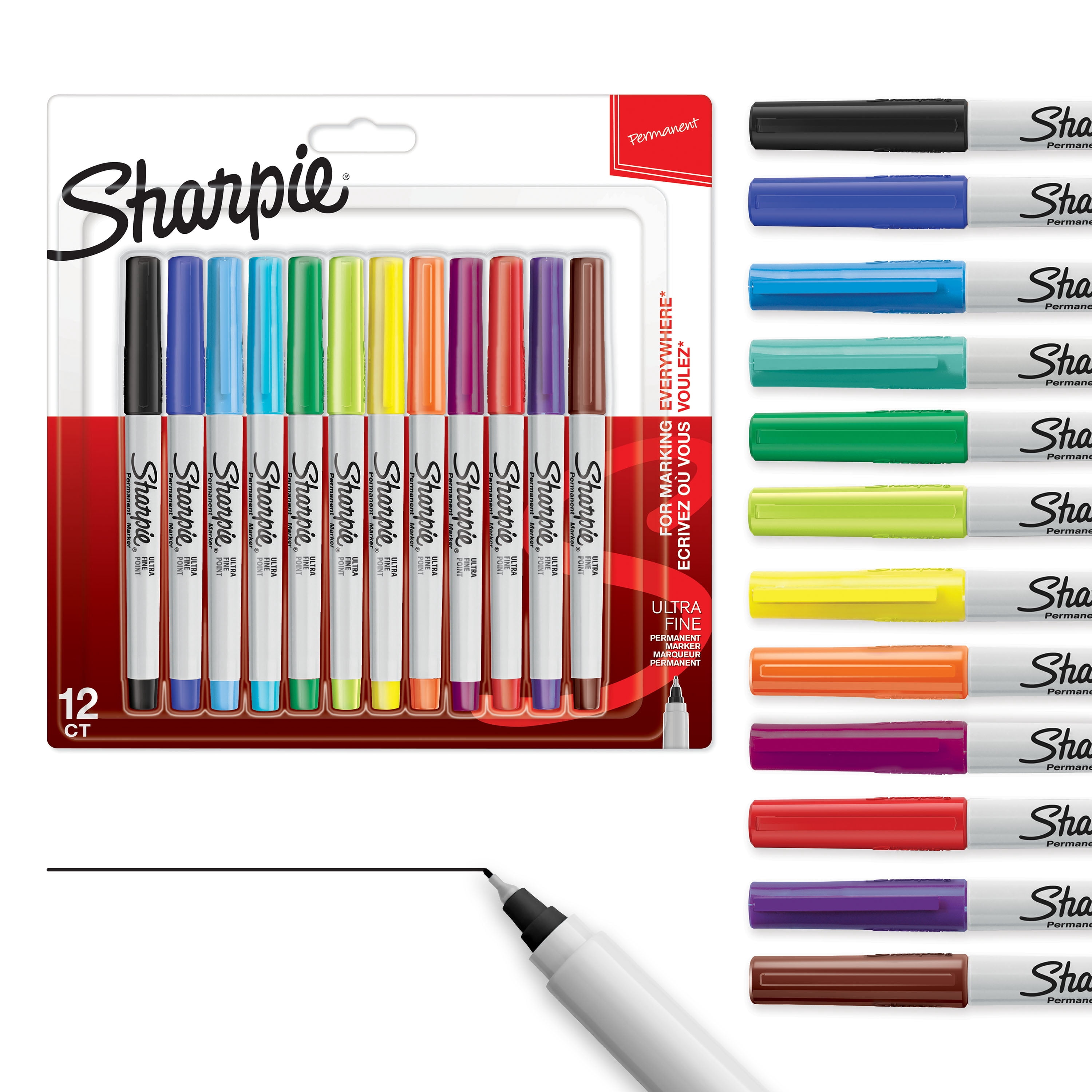 Marqueurs permanents Sharpie, pointe ultrafine, couleurs assorties, 12 unités