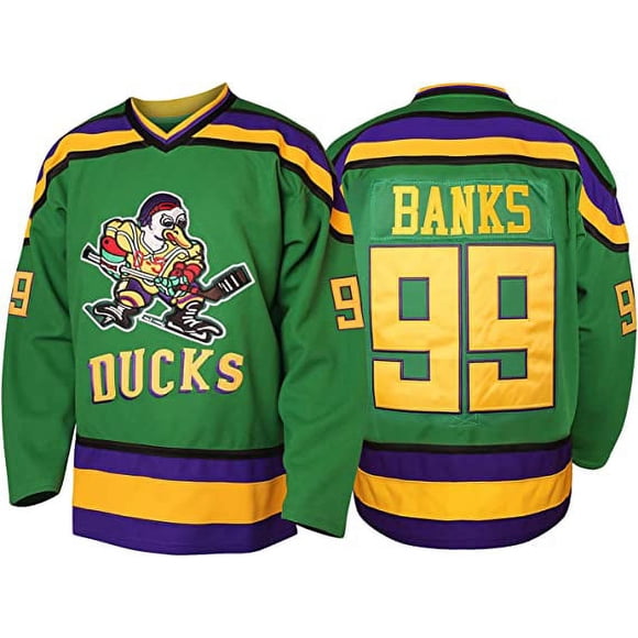 Men's Mighty Ducks 96 Charlie Conway 99 Adam Banks 33 Greg Goldberg Movie Hockey Jersey Green 99 S D01