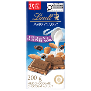 Lindt SWISS CLASSIC Fruits & Barre de chocolat au lait de noix, 200g