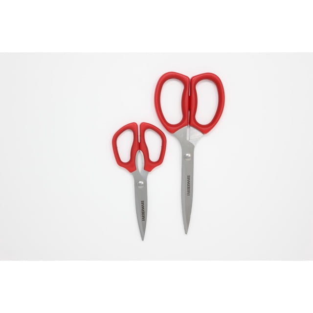 Ensemble de Cisailles avec Deux Cisailles de Cuisine Farberware Comprenant des Lames Micro-Dentelées en Acier Inoxydable et des Poignées Rouges à Prise Souple, Incluant une Cisaille Utilitaire Plus Petite et une Cisaille Polyvalente Plus Grande Convenant à Diverses Tâches de Cuisine et à une Coupe Précise.
