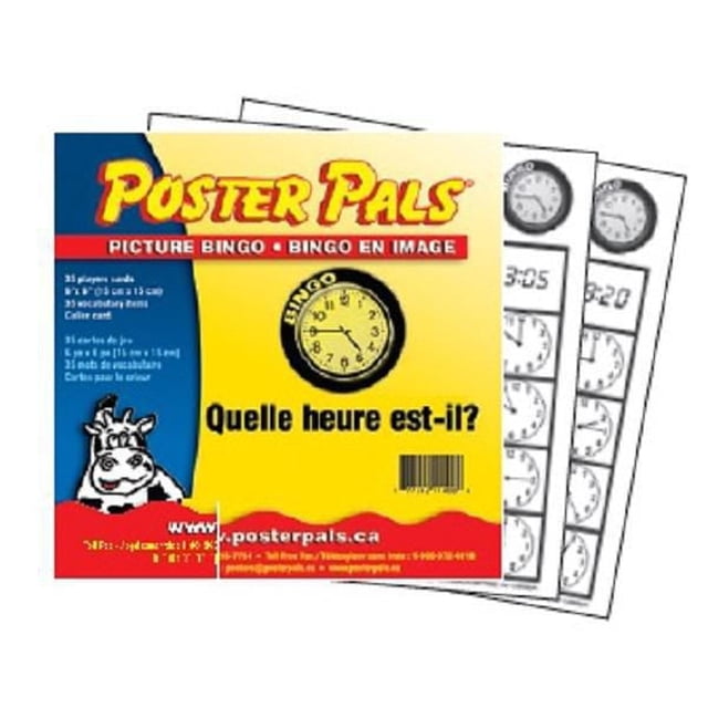 French Time Bingo by Poster Pals Présente 35 Cartes Carrées de Joueur de Six Pouces avec Cadrans et Vocabulaire de l'Heure en Français, Idéales pour les Jeux pour Enfants et la Famille pour Pratiquer la Compréhension du Vocabulaire et Dire l'Heure, Incluant des Cartes de l'Appelant et des instructions.