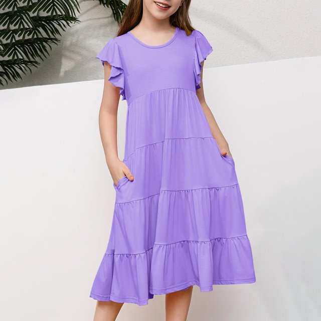Qertyioot Robes pour Filles à Manches Volantées, Robe d'Été Trapèze Décontractée, Robe Midi Évasée à Étages avec Poches