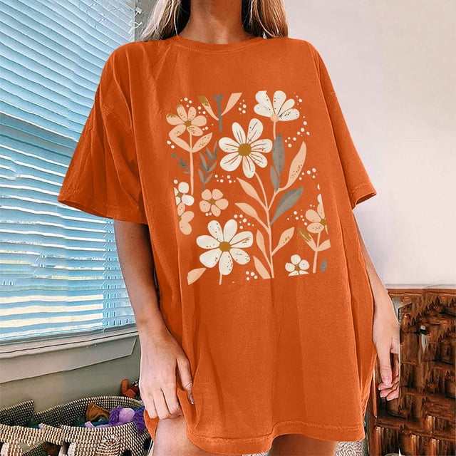 Blouses pour Femmes, T-Shirts Décontractés à Fleurs Imprimées Manches Courtes Tops Surdimensionnés