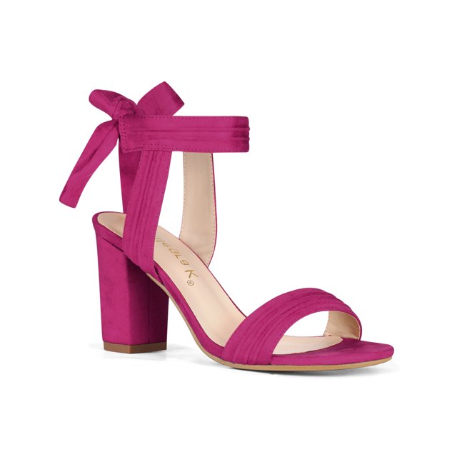 BLISSFUL STEP St. Patrick's Day Women's Sandals in hot pink, featuring an open toe design, ankle tie back closure, and a 3 1/8-inch chunky block heel. Made with faux suede on the vamp and a rubber outsole for durability, these sandals include a padded insole for comfort. The pleated detail on the straps adds texture, while the ABS heel ensures stability. Suitable for casual outings, parties, or evening events, these size 8 sandals are versatile and stylish.