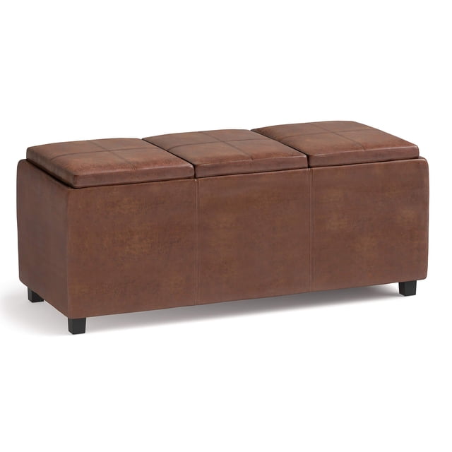 Simpli Home Avalon 42 inch Wide Rectangle Storage Ottoman with Three Flip Over Serving Trays, Distressed Saddle Brown Faux Leather