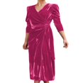 thumbnail image 3 of Robe Midi en Velours pour Femmes Couleur Unie Col en V à Nouer Manches Longues Robe de Soirée, 3 of 5