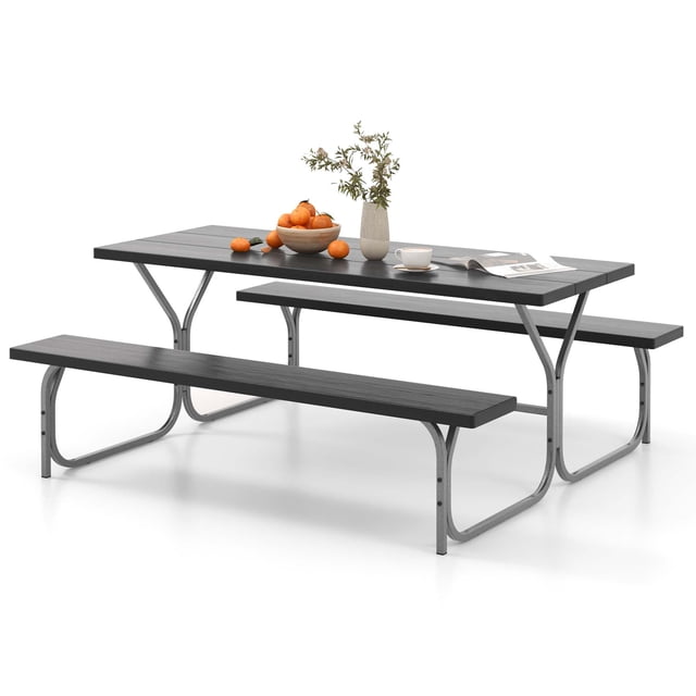 Costway 6 FT Picnic Table Bench Set Outdoor Dining Table & 2 Benches with Metal Frame Black