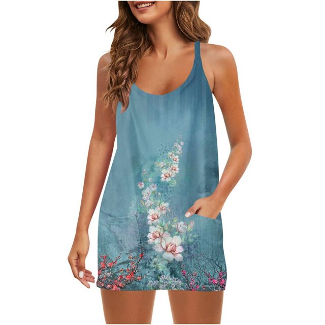 Robe d'Été Sans Manches pour Femmes Mini Robe Col en V Bretelles Spaghetti Robe Courte Athlétique avec Poches
