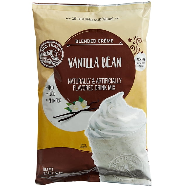 Big Train 3.5 lb. Vanilla Bean Blended Creme Frappe Mix front-facing bag with Big Train branding and Vanilla Bean label; 3.5 lb. (1.6 kg) coffee- and caffeine-free blended frappe base made with nonfat milk and vanilla bean seeds, yields 39 8 fl. oz. servings, can be served hot, iced, or blended and is suitable for adding espresso to make vanilla lattes.