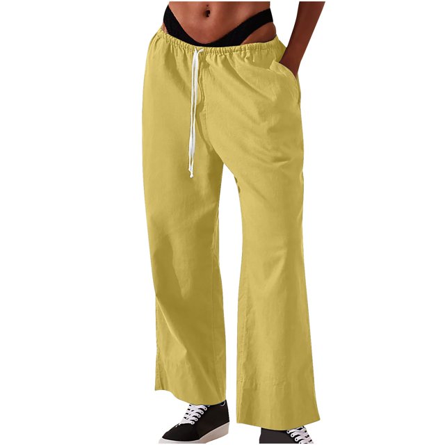 Timegard Womens Cotton Linen Pants Elastic Waist Wide Leg Solid Color Trend Lounge Pants with Pockets