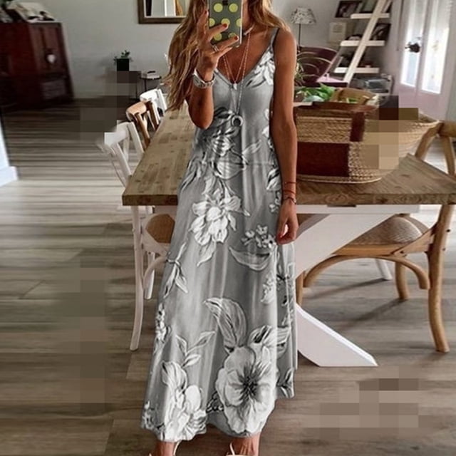 Robe à Bretelles Spaghetti Bohème pour Femme, Imprimé Floral Vintage, Sans Manches, Longue Maxi, Été, Plage, Vacances, Robe d'Été (Gris, 2TG)
