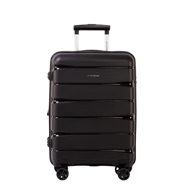 JetStream® Carry-On Hardside Luggage 20 Inch Carry On Expandable Spinner Suitcase in black with a durable polypropylene hard shell, horizontal ridges, telescopic handle locking at multiple levels, and 8 smooth 360° spinner wheels, expandable by 2 inches for extra packing capacity.