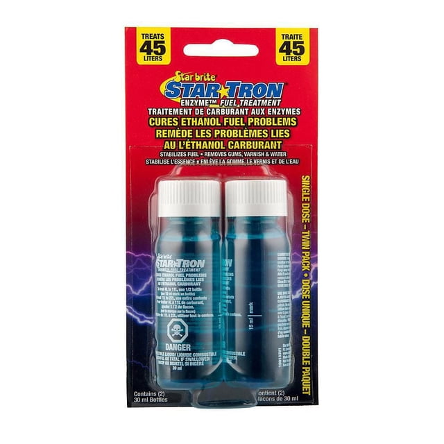 StarTron 1oz Fuel Treatment 2-pack with two 30ml bottles of blue liquid in clear plastic packaging on red and black card, an automotive fuel additive that cures ethanol fuel problems, stabilizes fuel for up to 2 years, removes gums, varnish, and water, and works in all 2 and 4 cycle engines treating up to 45 liters of fuel.