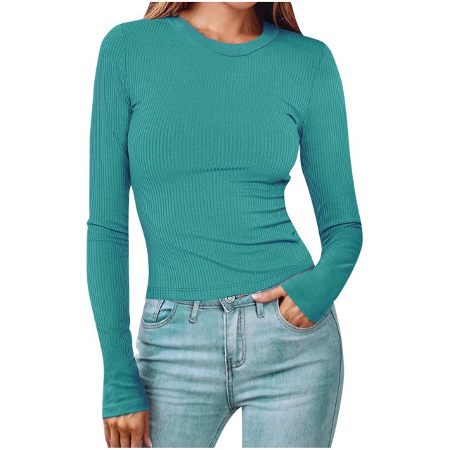 Timegard Hauts pour Femmes Col Ras du Cou Manches Longues Confortables Couleur Unie Camisoles Automne Décontracté Ajusté T-Shirts Hauts