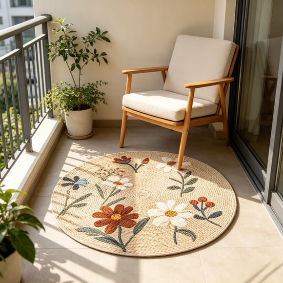 EGNMCR Outdoor Scenes Decorations,Home Decor, Room Decor Boho Woven Round Rug Floral Mat For Living Room Bedside Carpet Throw Rug For Bedroom Handmade Style Floor Covering Home Decor floor mats