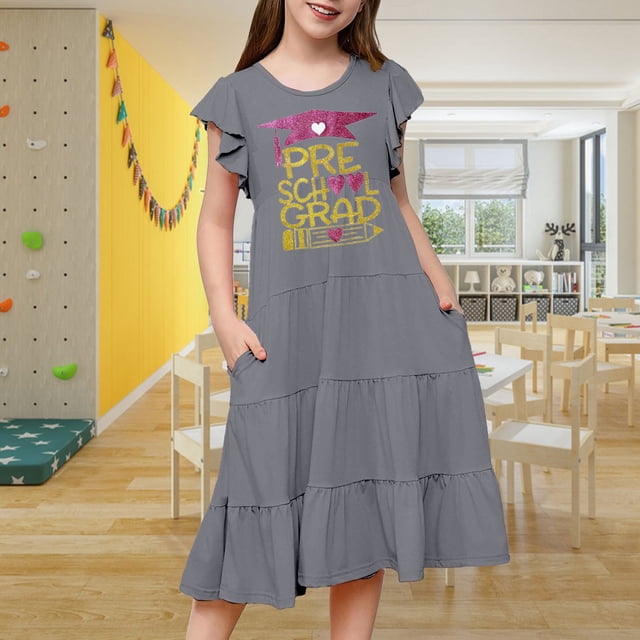 Robes pour Filles Cuhk Robe Imprimée à Manches Volantées pour Enfants pour la Saison des Remises de Diplômes, pour le Quotidien et les Activités Extérieures, Coupe Confortable