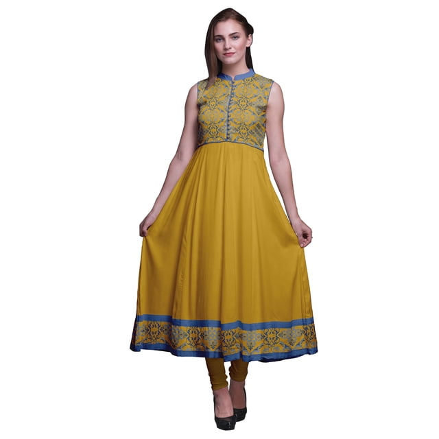 Bimba Kurti Longue Indienne à Motif Damassé « Goldenrod » pour Femmes, Tenue de Fête, Imprimée, Sans Manches, Robe Anarkali Kurti, Très Grand
