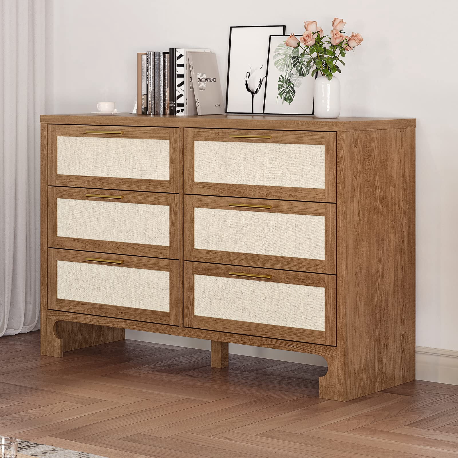 Dresser for Bedroom, Wood Drawer Dresser Chest of Drawers with 6 Drawers for Closet, Living Room, Hallway, Nursery, Kids Bedroom, Burlap Design