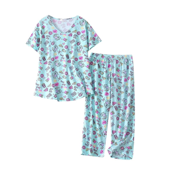 2025 Women Cotton Pajamas Set Long Nightgowns for Women Short Sleeve Top Capri Bridal Sleepwear Pants Sleepwear Plus