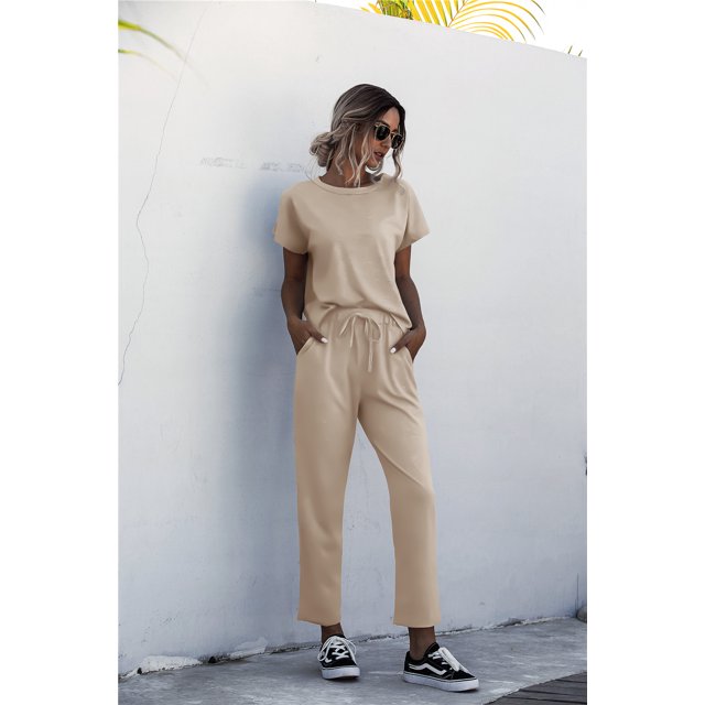 Nouveaux Ensembles Assortis pour Femmes Pantalons Longs Design Original Décontracté Col Rond Vêtements Couleur Unie