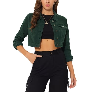 INSPIRE CHIC Veste de Rentrée pour Femme Manches Longues à Simple Boutonnage Veste en Denim Courte G Vert Foncé