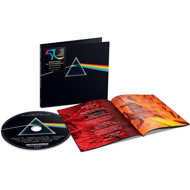 The Dark Side of the Moon (50th Anniversary) album by Pink Floyd Records, featuring a remastered edition in a gatefold sleeve. The set includes a CD with the iconic prism artwork, a 12-page booklet with lyrics and visuals, and a commemorative 50th-anniversary sticker.