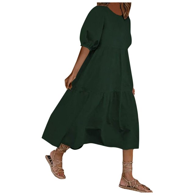 Robes Noires pour Femmes Mode Femmes Ample Couleur Unie Col Rond Manches Bouffantes Robe Décontractée Manches Courtes