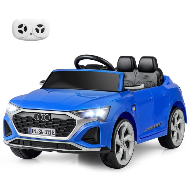 Licensed Audi SQ8 Ride on Car by OLAKIDS in blue, designed as a realistic SUV with LED headlights, steering wheel, and adjustable music. This battery-powered electric vehicle features a 12V rechargeable battery, remote control for parental guidance, and durable wheels with suspension for smooth rides. Ideal for preschool vehicles and playsets, suitable for kids aged 3+.