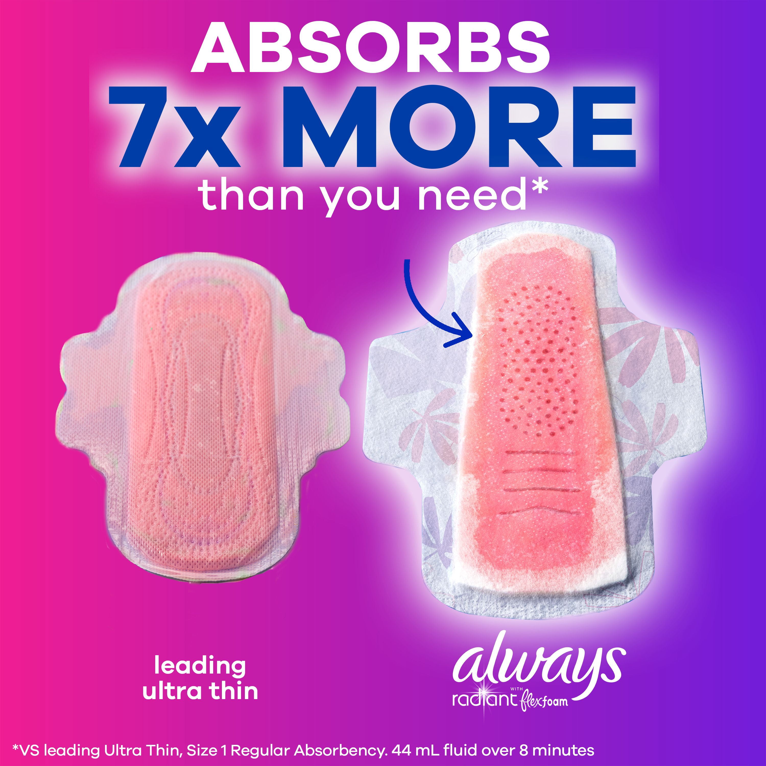 Serviettes Always Radiant Avec Flexfoam, Taille 2, Forte, Avec Ailes, Parfum Légèrement Frais, 26 Unités