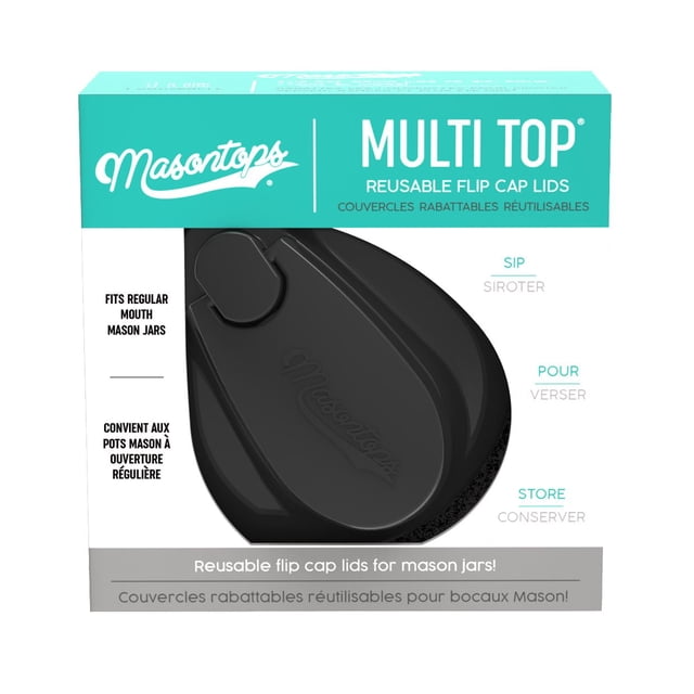 Masontops Multi-Top Regular Mouth Lid in black BPA-free plastic with a reusable flip cap and leakproof silicone gasket, designed to fit regular mouth Mason jars for sipping, pouring, and storing liquids and food, shown in bilingual English and French retail packaging.