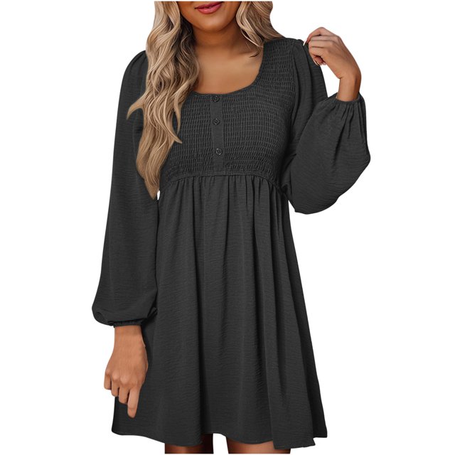 cfhntfmh Robes Décontractées pour Femmes Automne Amples à Manches Longues Robe Chemise Froncée Détente Col Rond Boutons Robe Plissée Mini