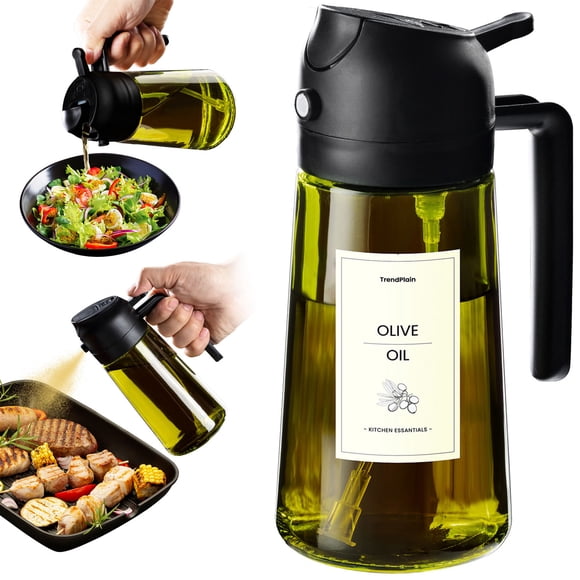 TrendPlain 16oz Green Glass 2-in-1 Olive Oil Dispenser Bottle Olive for Cooking – Oil Sprayer for Kitchen Gadgets, Air Fryer, Salad & BBQ – Black