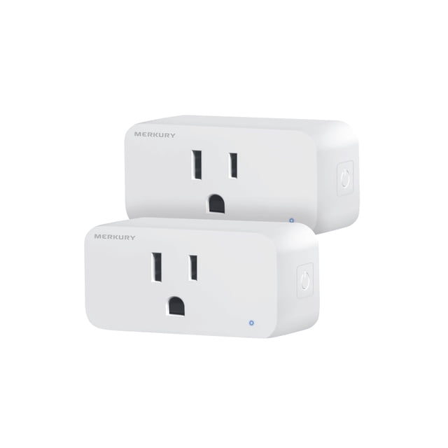 Merkury Smart 1 AC Outlet Wi-Fi Plug 2-Pack featuring two white compact smart plugs with standard three-prong outlets, side power buttons, and blue LED indicators, compatible with Alexa and Google for remote control, custom schedules, and energy-efficient home automation, also suitable for remotely managing small appliances.