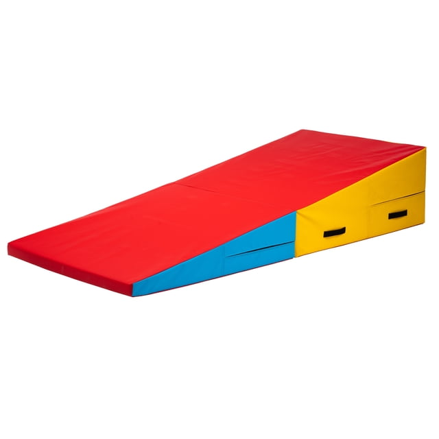 PRISP Tapis de Gym Incline Pliant - Tapis de Gymnastique et de tumbling à Semelle Compensée 71 x 30 x 14 Po pour Enfants. le Tapis Présente une Housse en Cuir PU Rouge, Bleu et Jaune Vibrante Résistante aux Déchirures, aux Perforations et à la Sueur. Il Se Replie en un Bloc compact avec Poignées Cousues pour un transport et un Rangement Faciles. le Rembourrage en Mousse EPE à Haute Densité Offre un Soutien Ferme pour la Gymnastique, le cheerleading et l'Entraînement de Danse. les dimensions Élargies Sont 71 x 30 x 14 Pouces
