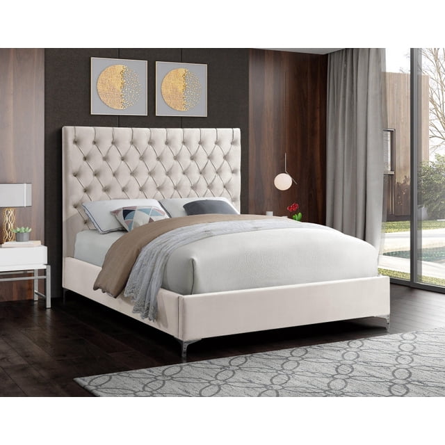 Creme Velvet Bed w Deep Button Tufting Headboard - Full