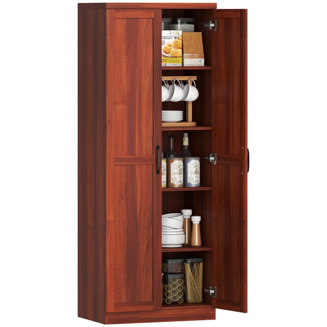 HOMCOM Armoire de Garde-Manger de Cuisine avec Tablettes Ajustables pour Salle à Manger, Conçue pour le Rangement de Cuisine et l'Organisation du Garde-Manger. Elle Présente un design à Doublure Nette avec des Panneaux de Porte shaker en Fini Beige, Cinq Niveaux d'Espace de Rangement, des Tablettes Ajustables et des Poignées en Métal antique. Fabriquée en Panneau de Particules, Elle Mesure 23,6 Pouces de Large, 15,7 Pouces de Profondeur et 63 Pouces de Hauteur. Idéale pour Organiser les Casseroles, Poêles, Produits Secs et Appareils.