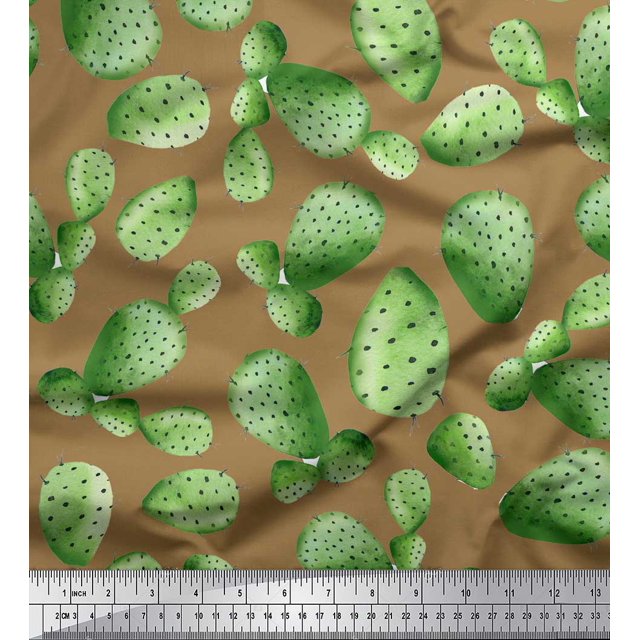 Soimoi Brown Modal Satin Fabric Cactus Tree Print Fabric by the Yard 42 Inch Wide