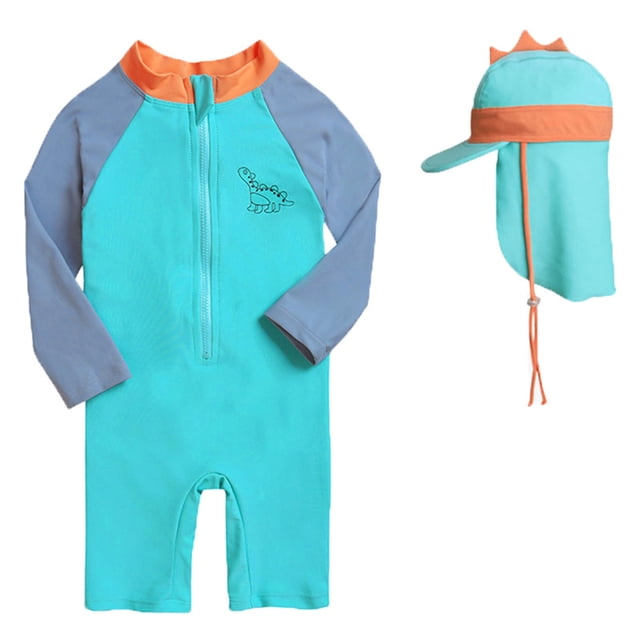 Hiiyo Little Boys Long Sleeve Zip-Up Rash Guard UPF 50+ One-Piece Swimsuit with Hat