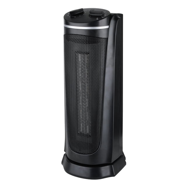 Konwin 18" mechanical tower ceramic heater in black with hexagonal mesh front grille, two mechanical control knobs on top for fan and heat settings, oscillation function, adjustable thermostat, and safety tip-over switch for indoor portable heating.