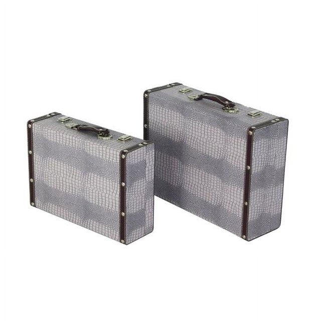 Benzara BM205922 Trunk Style Suitcase with Textured Print Canvas Covering, Gray - Set of 2