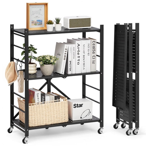 VEVOR Étagère de Rangement Pliable à 3 Niveaux, Unité d'Étagères Métalliques Pliantes 28l x 13p x 36H Pouces, Étagère Organisatrice Sans Assemblage avec 5 Roues et 4 Crochets pour Garde-Manger, Cuisine, Garage, sous-Sol, Noir