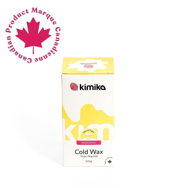 KIMIKA BEAUTY PRO Cold Sugar Wax 500g box with white and yellow design, featuring the Kimika logo and text indicating professional cold wax requiring strips, made in Canada with natural sugar ingredients, suitable for sensitive skin and easy to clean with warm water