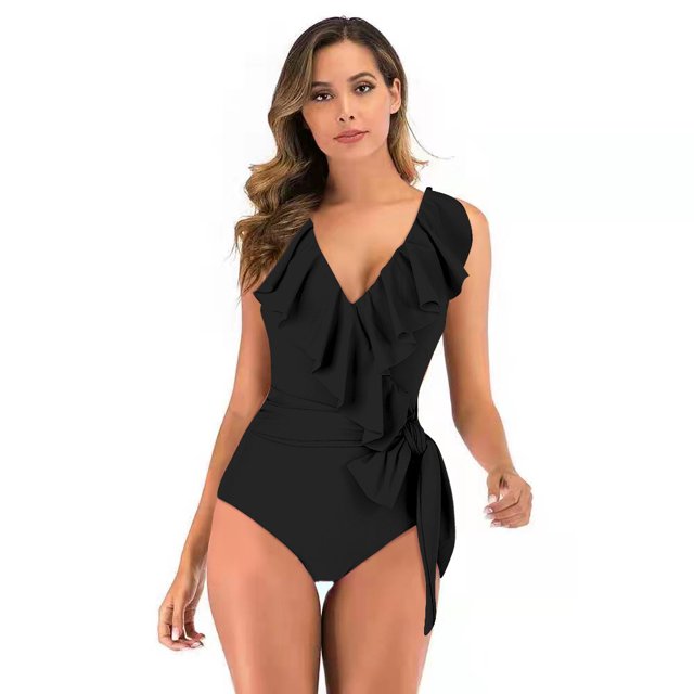 Women's Bikini Swimsuit Ruffles Two Pieces Bikini Set, Black XL