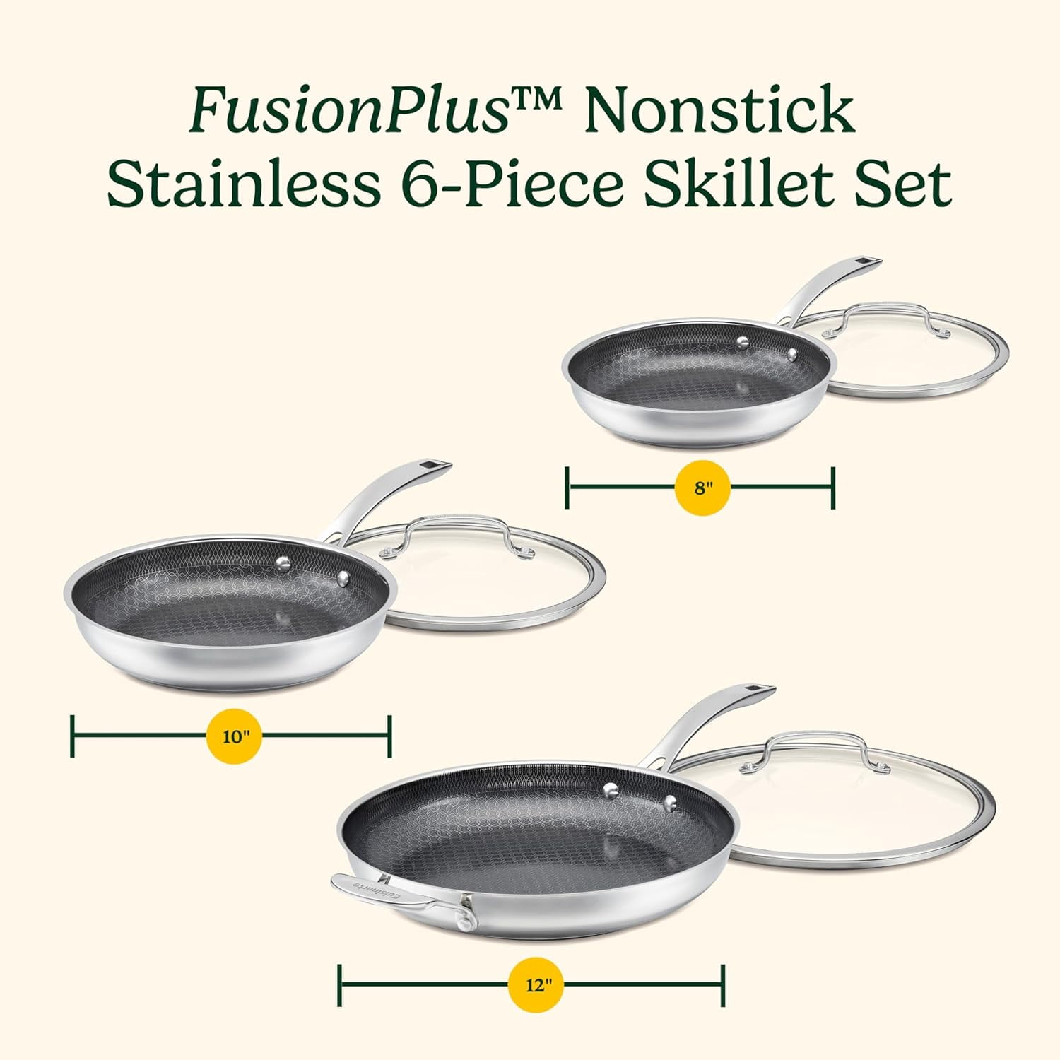 Cuisinart FusionPlus™ Ensemble de 6 Poêles Antiadhésives en Acier Inoxydable, 8", 10", 12" avec Couvercles, Sans PFAS, Compatible Induction (FPS‑6SSCRC)