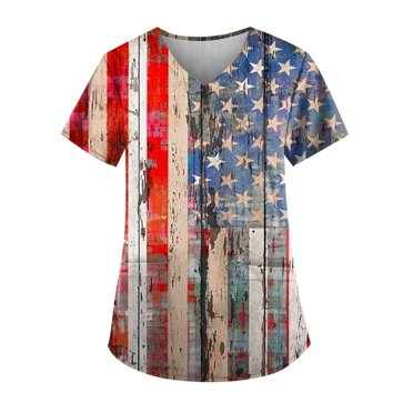 EGNMCR Scrubs for Women Independence Day Women's V-Neck Casual Short Sleeve Printed Pockets Ladies Tops Blouse Uniform Gifts for Women